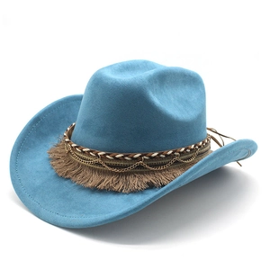 Detail of light blue faux suede cowboy hat with braided strap and metal gold chains