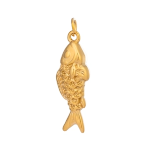 Detailed close-up of a 18K gold-plated stainless steel fish pendant with scale textures