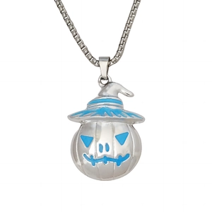 Luminous Halloween pumpkin pendant necklace in silver stainless steel with blue accents