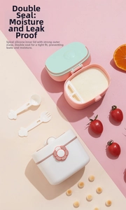 Detail of portable baby formula dispenser with double seal and colorful utensils
