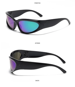 Three-angle view of wrap-around cycling sunglasses with colorful iridescent lenses