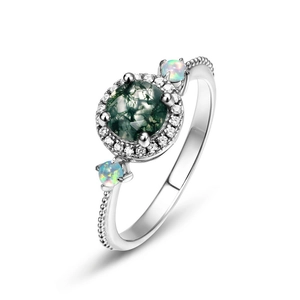S925 silver ring with round green moss agate and opal side stones on a white background