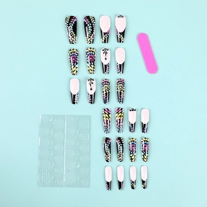 Ballerina press-on nails with colorful floral patterns and rhinestones set on light blue