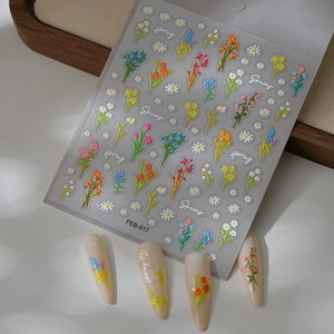 Detailed 5D embossed nail stickers FEB-917 featuring spring wild flowers and daisies