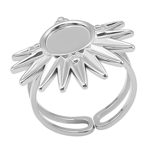 Macro shot of silver stainless steel adjustable ring base with a sunburst round tray