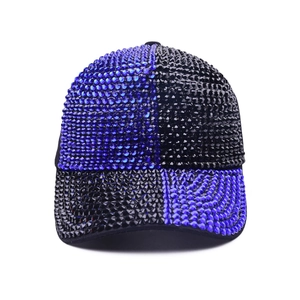 Sparkling rhinestone baseball cap with blue and black color blocking for summer sun protection