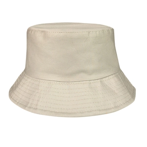 Detailed view of beige cotton bucket hat showing quality canvas fabric and stitching