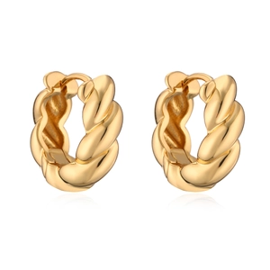 Polished gold twisted rope hoop earrings with secure latch back on a white background