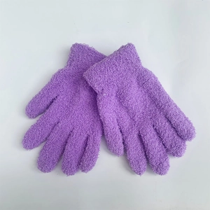 Close-up of soft purple coral fleece gloves showing warm thick chenille knit texture