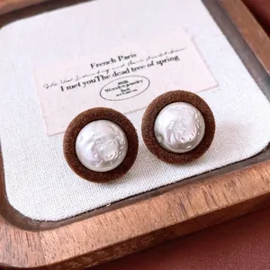 Retro round plush earrings with silver needle and white pearl in dark brown velvet