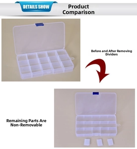 Macro view of clear plastic jewelry box with removable dividers for storage space