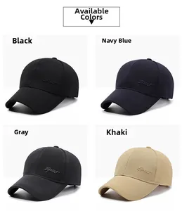 Detailed comparison of embroidered baseball caps in black, navy blue, gray, and khaki colors