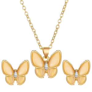 Set gioielli a farfalla dorata con collana e orecchini con pietre gialle opache