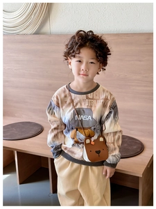 Detail of cute bear crossbody bag and NASA print sweatshirt on a young child model