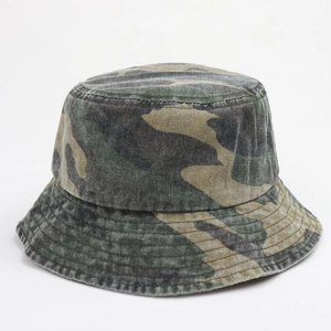 Detailed view of reinforced stitching on brim of washed cotton camouflage bucket hat