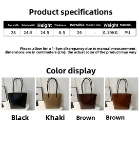 Detailed size specifications for minimalist PU leather tote bag in four classic colors