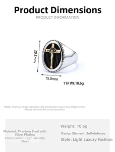 Detail showing two-tone cross ring dimensions with gold-plated stainless steel oval design