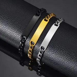 Mens Cuban link bar bracelets in black, gold, and silver finishes for custom engraving