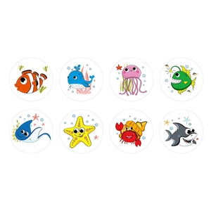 Roll of 500 cartoon sea animal stickers featuring colorful whales and sharks for kids