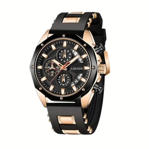 Men's octagonal rose gold sport watch with black silicone strap and multi-function dial