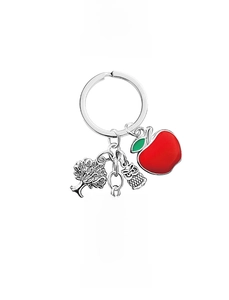 Detailed view of teacher appreciation keychain with owl, apple, and engraved metal charms