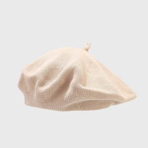 Classic knitted beige beret hat with textured cotton fabric and top tip detail