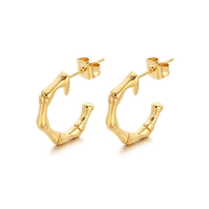 Elegant gold bamboo-shaped C-style stainless steel earrings with glossy finish