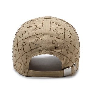 Casquette de baseball kaki avec strass, motif diamant et boucle en métal réglable