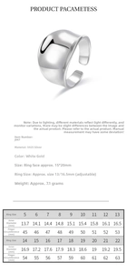 Size chart for irregular S925 sterling silver ring showing diameters and dimensions