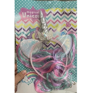 Cute unicorn headband with colorful synthetic wig and sparkling silver horn for kids