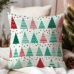 Detailed view of geometric Christmas tree pattern on cushion cover with festive holiday decor