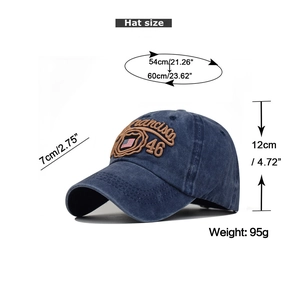 Size chart showing adjustable baseball cap dimensions and blue denim embroidery detail