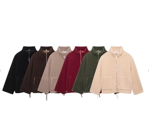 Detail of fleece stand collar jackets in six colors including brown, green, and beige