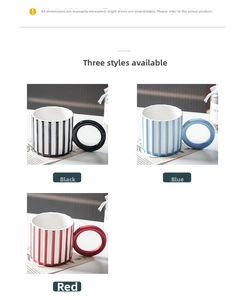 Detail of creative ceramic mugs with large round handles and striped texture