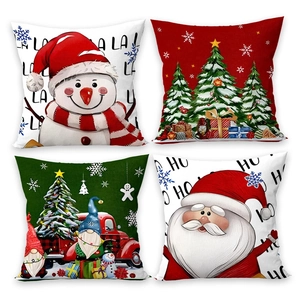 Set of four Christmas pillow covers with gnome and truck prints on linen-like fabric
