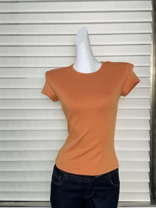 Close-up of orange slim fit knit t-shirt fabric texture and round neck detail