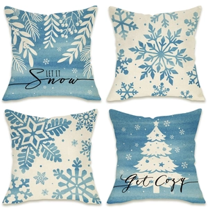 Blue White Snowflake Christmas Tree Decorative Pillow Covers Winter Linen Cushion Covers For Sofa Holiday Home Decor