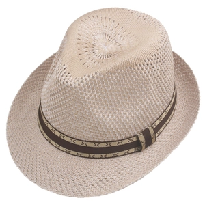 Detail view of breathable hollow knit sun hat featuring a geometric pattern ribbon band