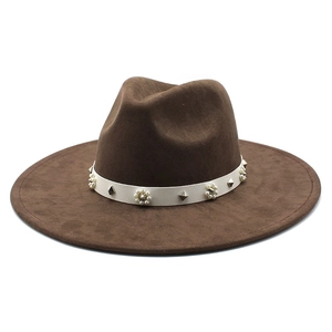 Dark brown wide brim fedora hat with white pearl and silver stud band decoration