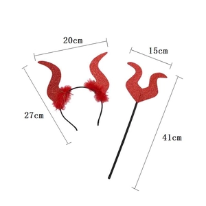 Detail showing dimensions of red glitter devil horn headband and pitchfork party set