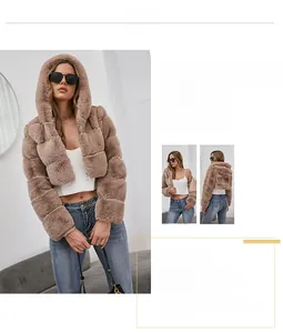 Detailed view of the thick faux fur texture and horizontal stitching on this khaki coat