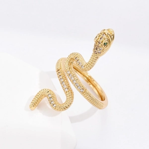 18K gold plated snake-shaped open ring with white and green cubic zirconia stones