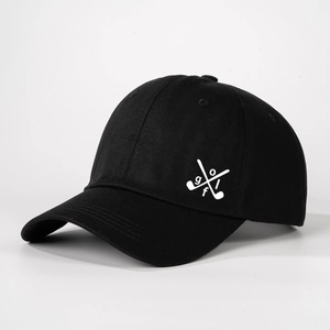 Classic black golf baseball cap with white embroidered logo and adjustable strap