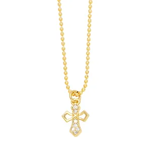 Elegant gold cross necklace with zircon inlay on ball chain for women in minimalist style