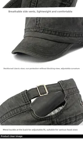 Detail view of washed cotton military cap with side vents and adjustable metal buckle