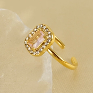 18K gold plated adjustable open ring with a rectangular pink zircon and crystal halo