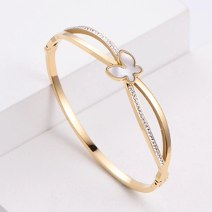 Elegant 18K gold plated butterfly bangle featuring inlaid shell and zircon crystals