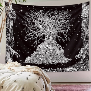 Gothic tree of life tapestry with skull pile pattern hanging in a cozy bedroom