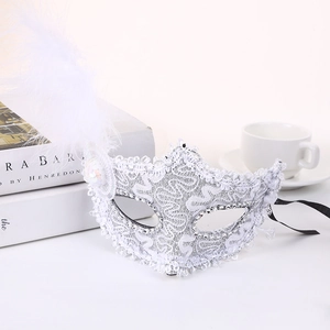 Detail of white lace masquerade mask with side feathers and silver sequins for party wear