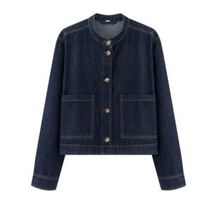 Veste classique en jean bleu foncé avec col rond et fermeture à cinq boutons